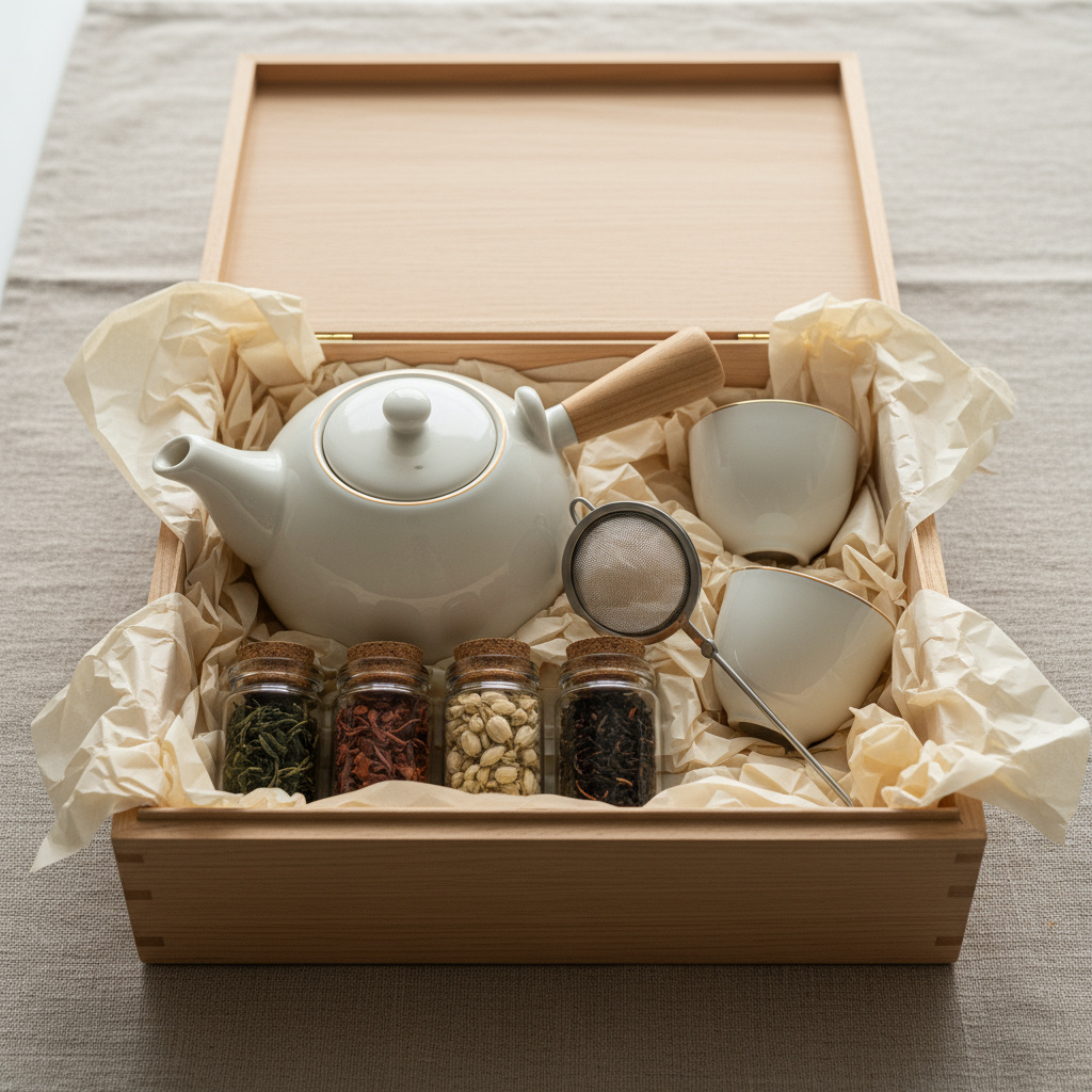 Elegant tea gift set with teapot, cups, infuser, and teas