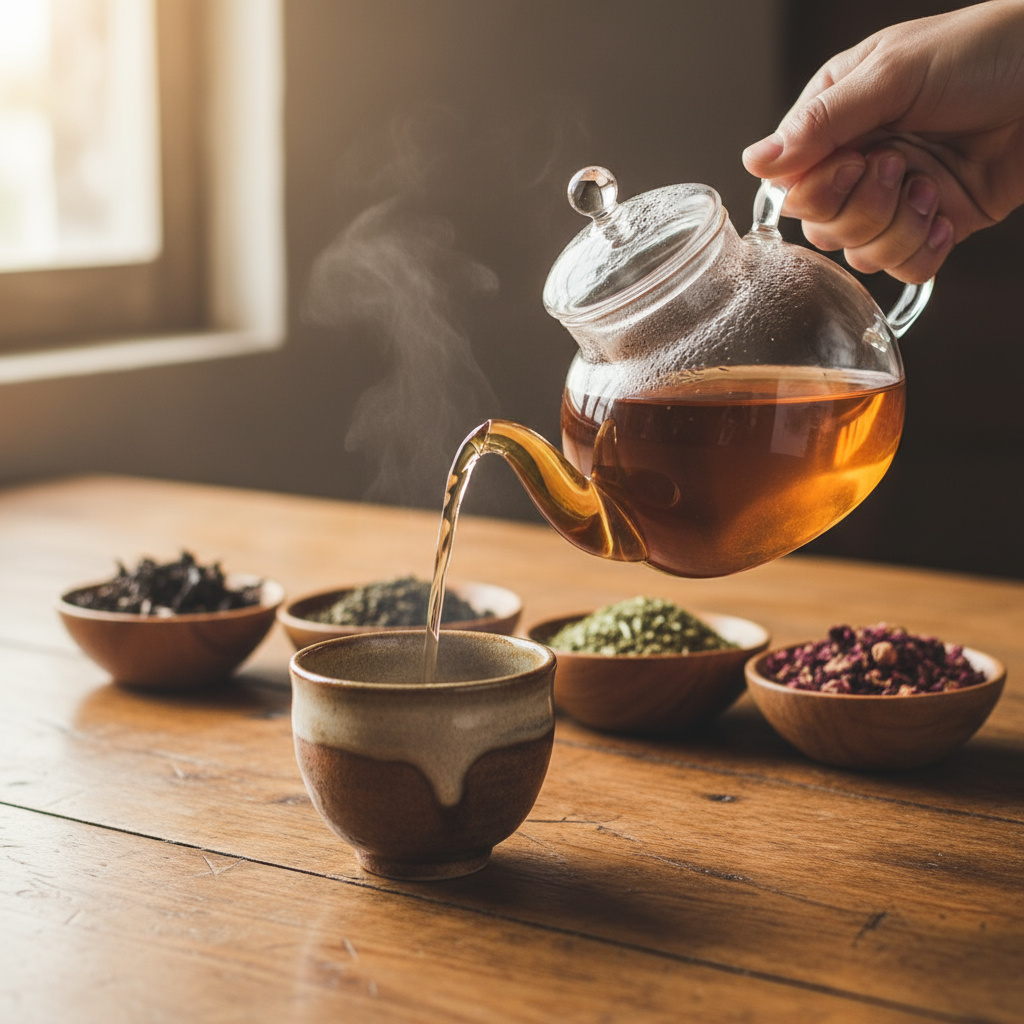 Hand pouring tea from a glass teapot into a ceramic cup in a cozy tea house setting
