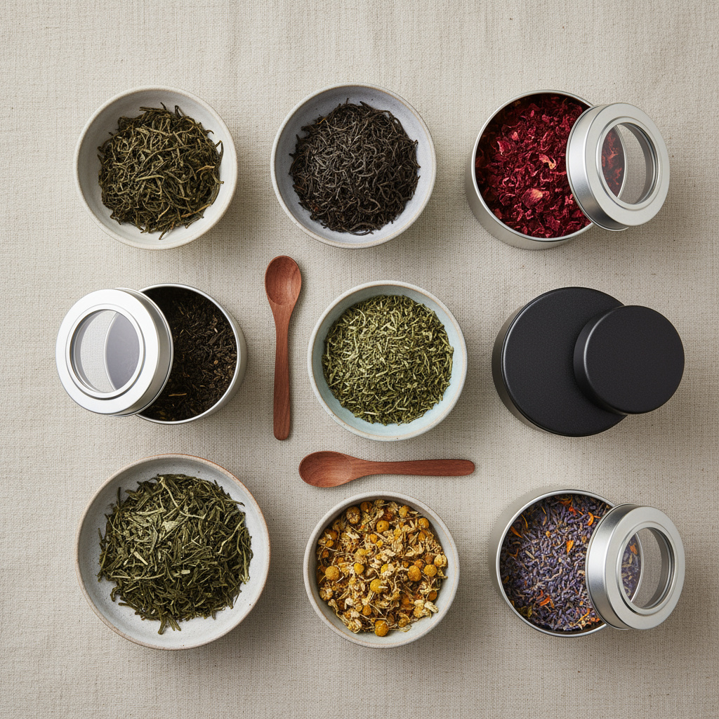 Assorted loose-leaf teas arranged in bowls and tins