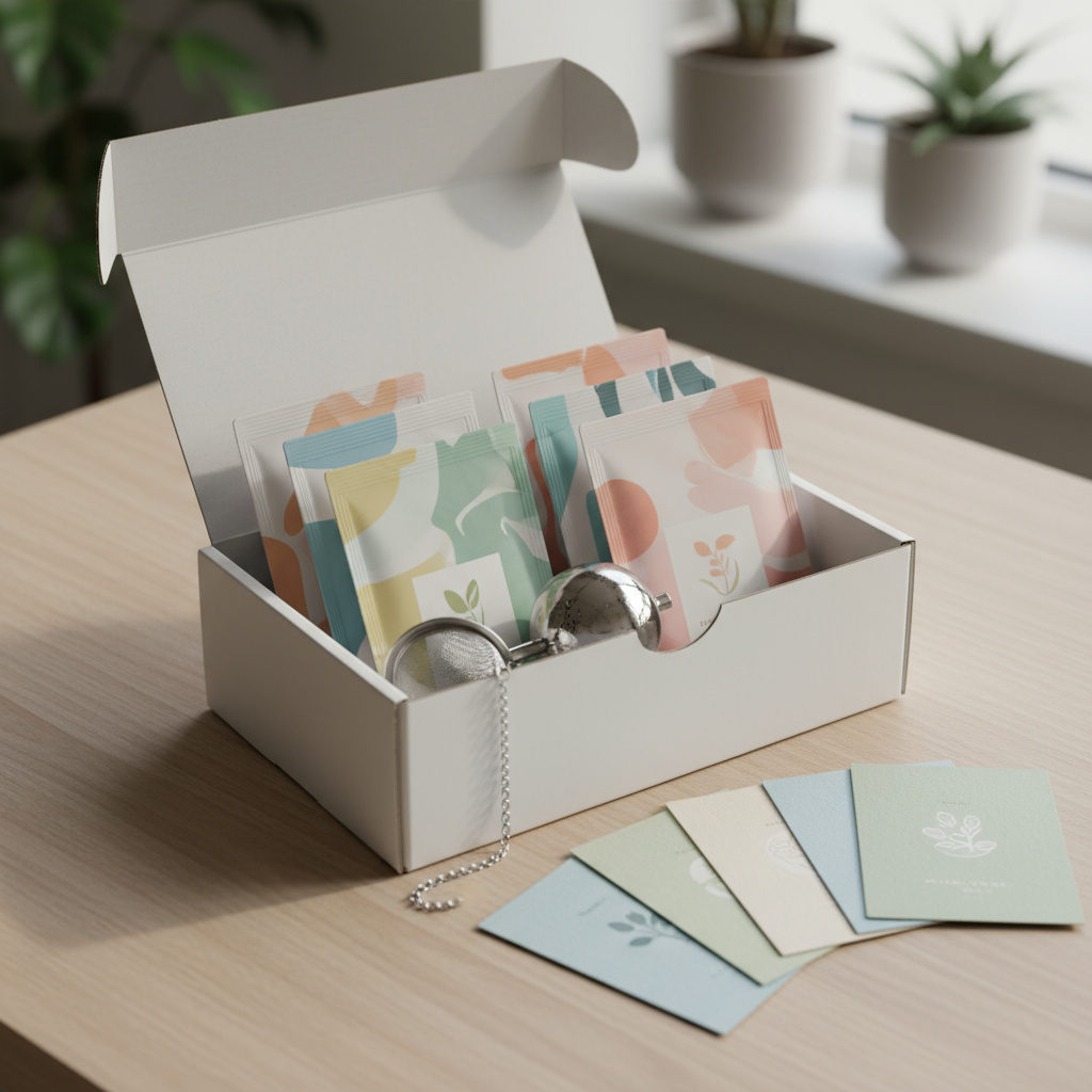 Curated tea subscription box with packets, infuser, and tasting cards