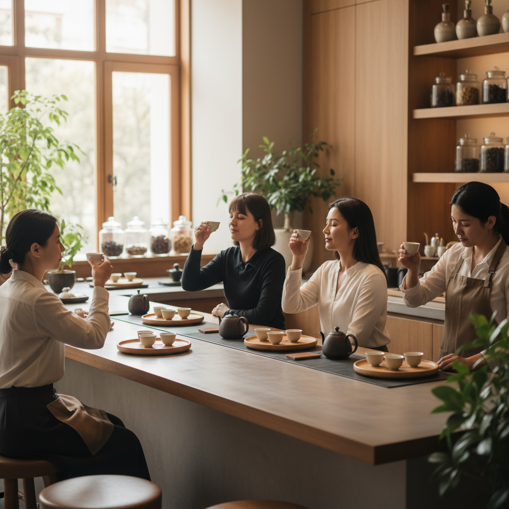 Guests sampling teas at a modern tea bar